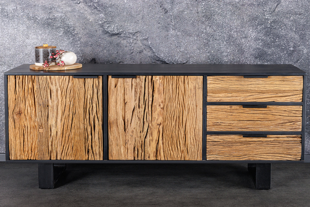 Massivholz Sideboard BARRACUDA 150cm Teak Mango schwarz Metall recycelt