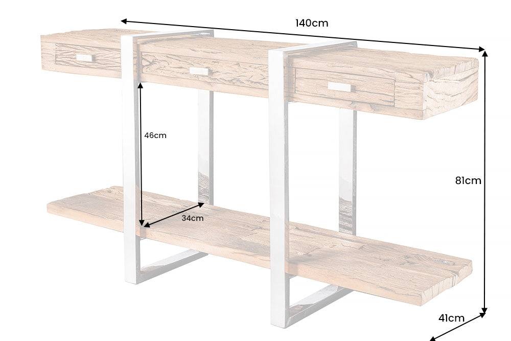 Massivholz Konsolentisch BARRACUDA 140cm braun Teakholz silber Edelstahl verchromt mit Schubladen