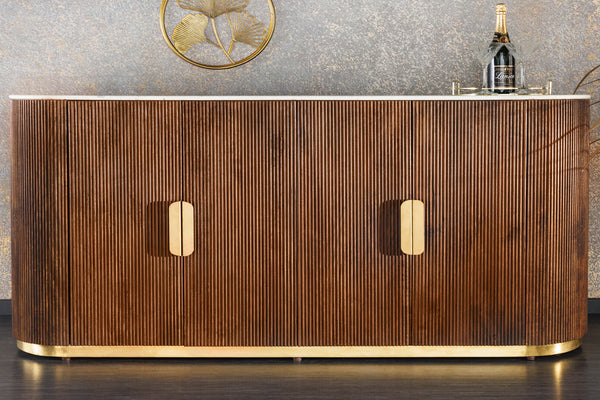 Design Sideboard GATSBY 170cm braun gold Mangoholz weiße Marmorplatte