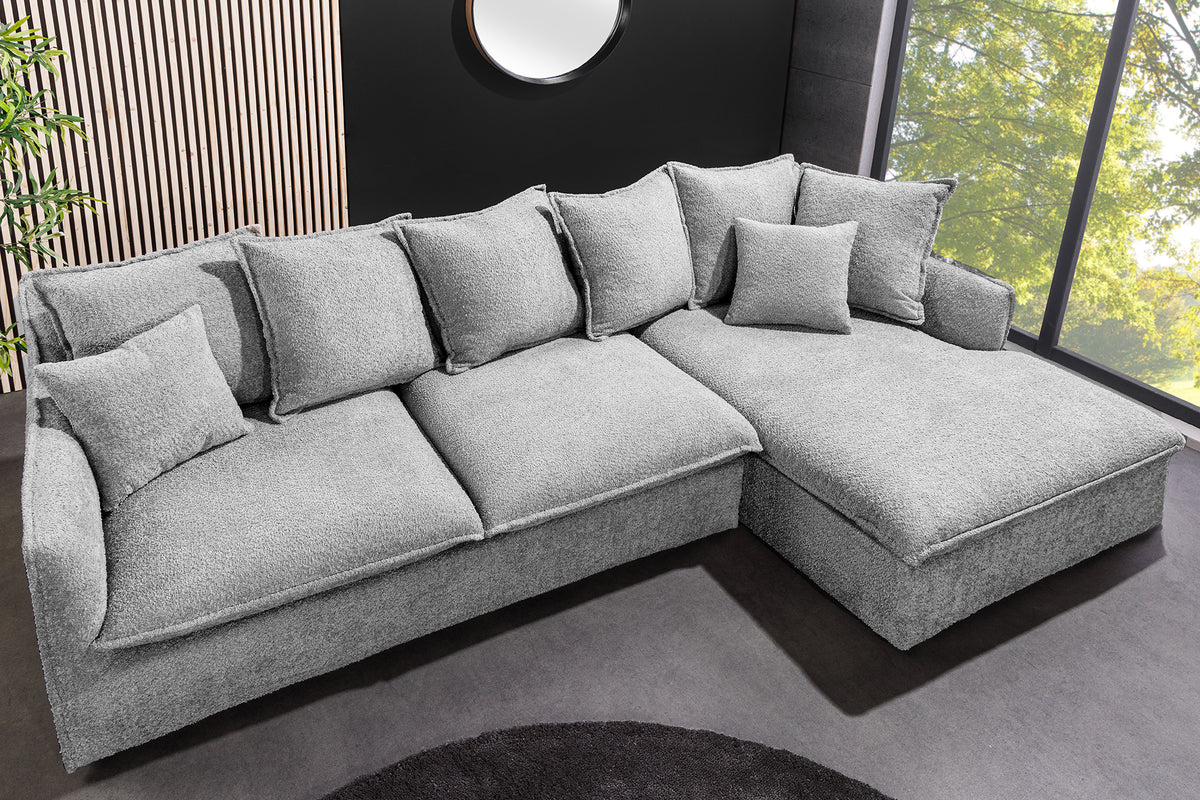 Großes Ecksofa HEAVEN 255cm grau Bouclé Federkern Hussensofa