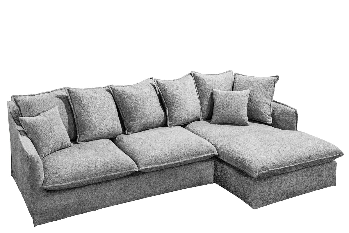 Großes Ecksofa HEAVEN 255cm grau Bouclé Federkern Hussensofa