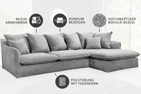 Großes Ecksofa HEAVEN 255cm grau Bouclé Federkern Hussensofa