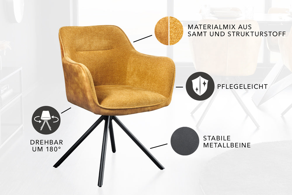 VERONA Drehbarer Stuhl senfgelb Samt Strukturstoff mit Armlehne Metallbeine schwarz