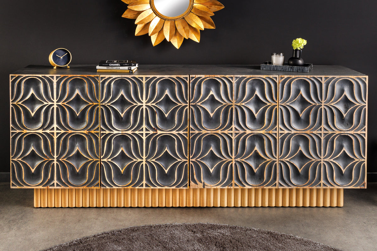 PIAZZA SAN MARCO Handgefertigtes Sideboard 180cm grau gold Mangoholz massiv 3D-Design