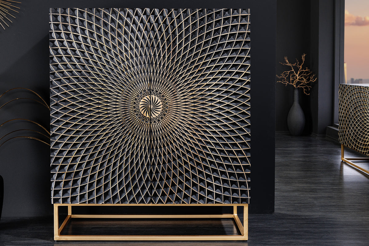 Design Highboard ILLUSION 120cm schwarz Mangoholz Massivholz gold Eisen Metallgestell