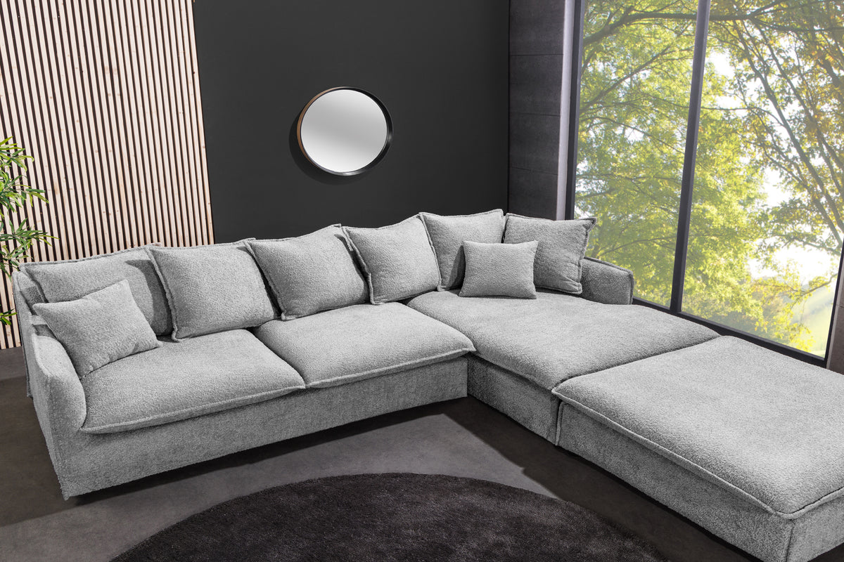 Großes Ecksofa HEAVEN 255cm grau Bouclé Federkern Hussensofa