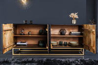 ILLUSION Sideboard 180cm schwarz Mangoholz Massivholz mit 3D Schnitzereien gold Eisen Metallgestell