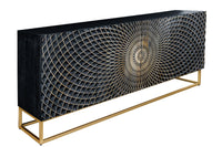 ILLUSION Sideboard 180cm schwarz Mangoholz Massivholz mit 3D Schnitzereien gold Eisen Metallgestell