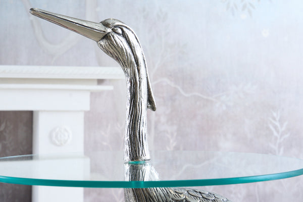 Runder Beistelltisch WILDLIFE HERON 90cm silber Metall Glas Fischreiher Skulptur handmade