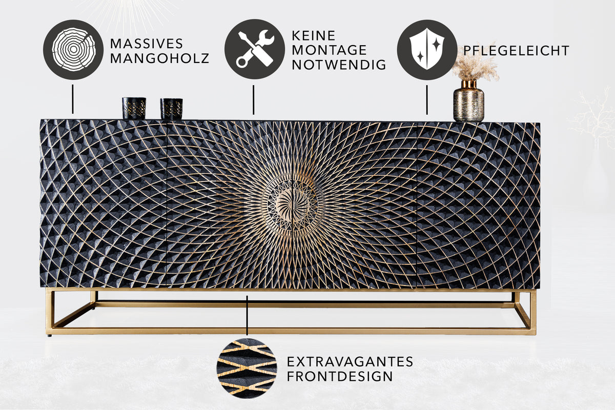 ILLUSION Sideboard 180cm schwarz Mangoholz Massivholz mit 3D Schnitzereien gold Eisen Metallgestell