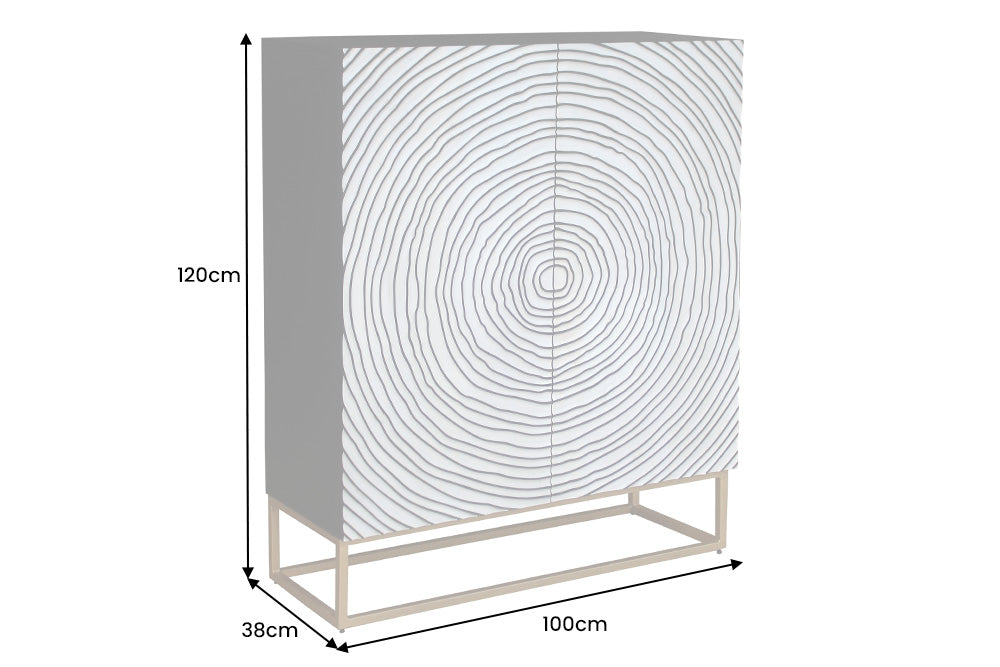 Massivholz Highboard ZEN CIRCLES 120cm weiß schwarz Mangoholz 3D-Design Metall gold