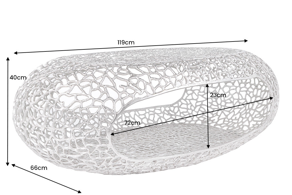 Handgearbeiteter Couchtisch ORGANIC 120cm silber Metall Blatt-Design mit Stauraum