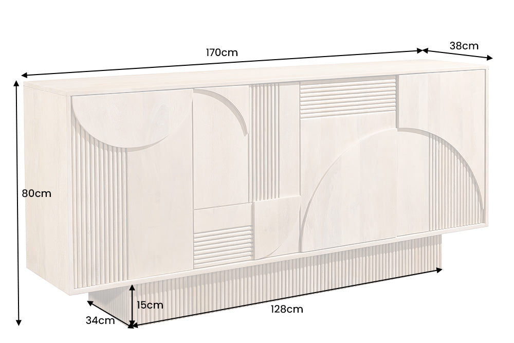 ART DECO Design Sideboard  170cm weiß gekälkt Mangoholz massiv 3D-Front