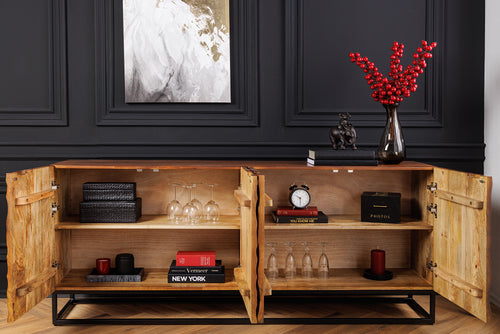 VULCANO Massivholz Sideboard 180cm braun Mangoholz handmade Metallgestell schwarz