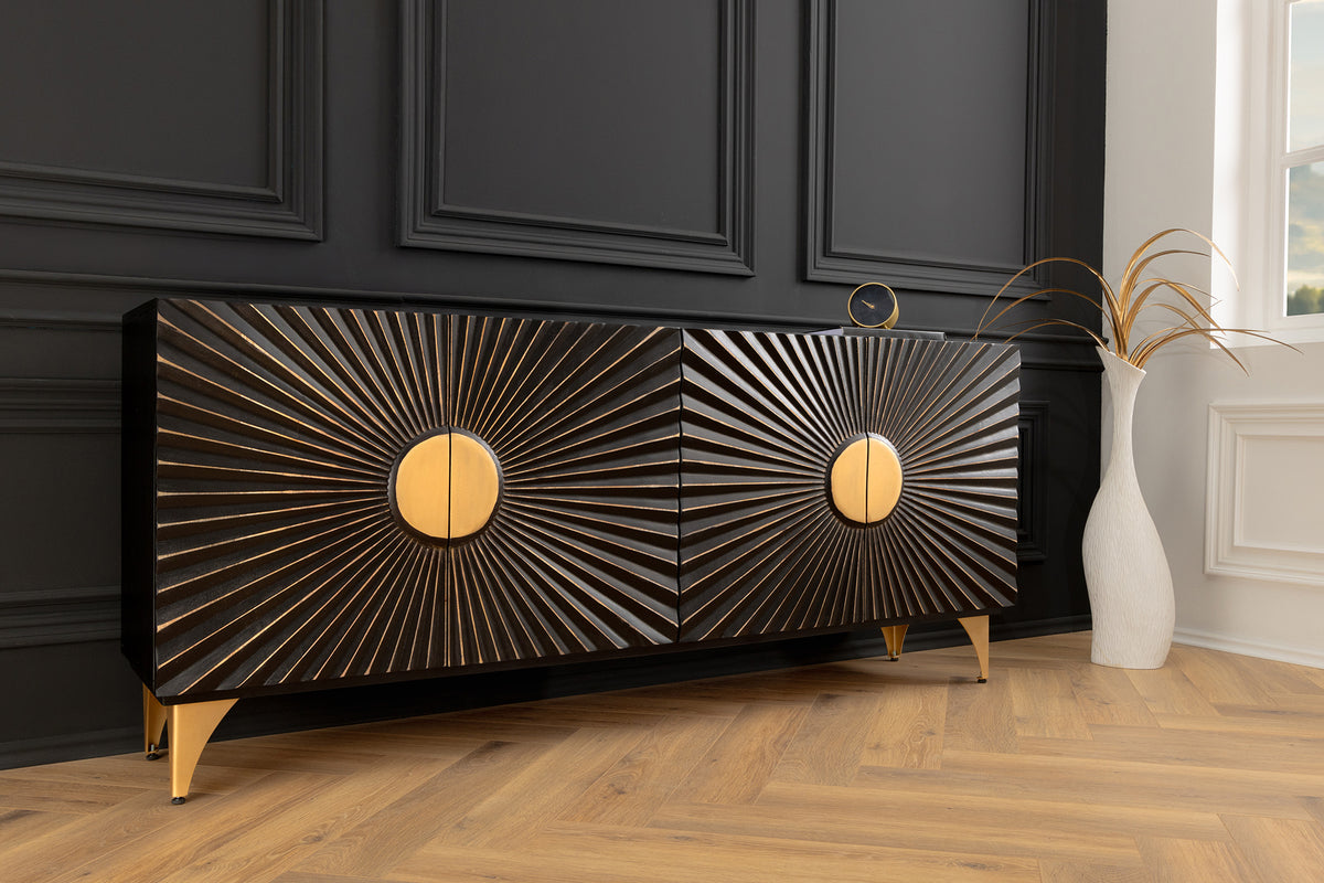 SOLARIS Massives Sideboard 180cm schwarz gold Mangoholz 3D-Design