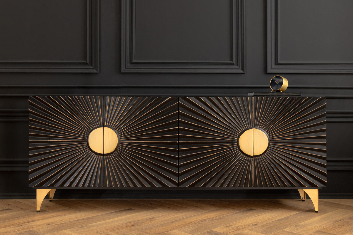 SOLARIS Massives Sideboard 180cm schwarz gold Mangoholz 3D-Design