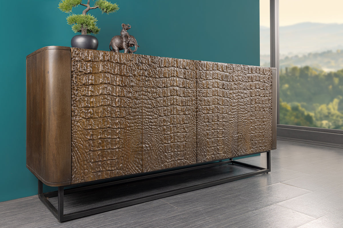 CROCO Handgefertigtes Sideboard 180cm Braun Mangoholz mit 3D Schnitzereien massiv schwarz Metall