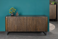 CROCO Handgefertigtes Sideboard 180cm Braun Mangoholz mit 3D Schnitzereien massiv schwarz Metall