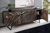 Massives Sideboard FLUID 175 cm – Mangoholz Natur oder Dunkelbraun mit 3D-Design und Metall-Kufengestell