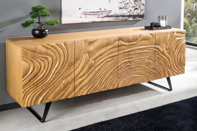 Massives Sideboard FLUID 175 cm – Mangoholz Natur oder Dunkelbraun mit 3D-Design und Metall-Kufengestell
