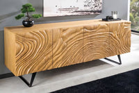 Massives Sideboard FLUID 175 cm – Mangoholz Natur oder Dunkelbraun mit 3D-Design und Metall-Kufengestell