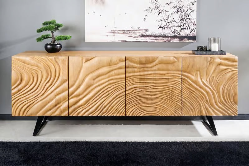 Massives Sideboard FLUID 175 cm – Mangoholz Natur oder Dunkelbraun mit 3D-Design und Metall-Kufengestell