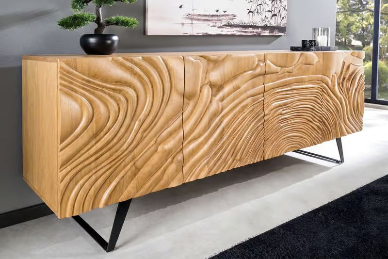 Massives Sideboard FLUID 175 cm – Mangoholz Natur oder Dunkelbraun mit 3D-Design und Metall-Kufengestell