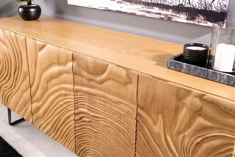 Massives Sideboard FLUID 175 cm – Mangoholz Natur oder Dunkelbraun mit 3D-Design und Metall-Kufengestell