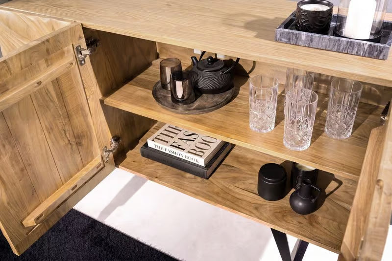 Massives Sideboard FLUID 175 cm – Mangoholz Natur oder Dunkelbraun mit 3D-Design und Metall-Kufengestell