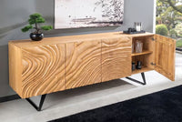 Massives Sideboard FLUID 175 cm – Mangoholz Natur oder Dunkelbraun mit 3D-Design und Metall-Kufengestell