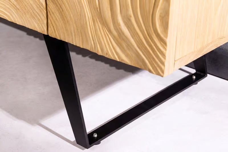 Massives Sideboard FLUID 175 cm – Mangoholz Natur oder Dunkelbraun mit 3D-Design und Metall-Kufengestell