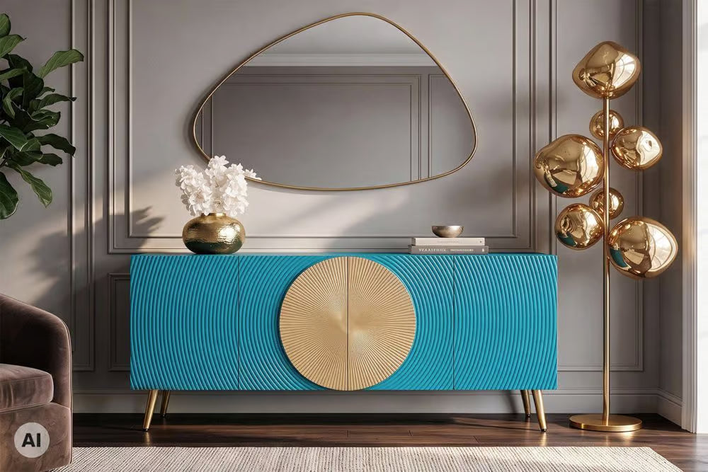 Massives Sideboard AURUM 180cm Mangoholz mit ikonischem Gold-Element
