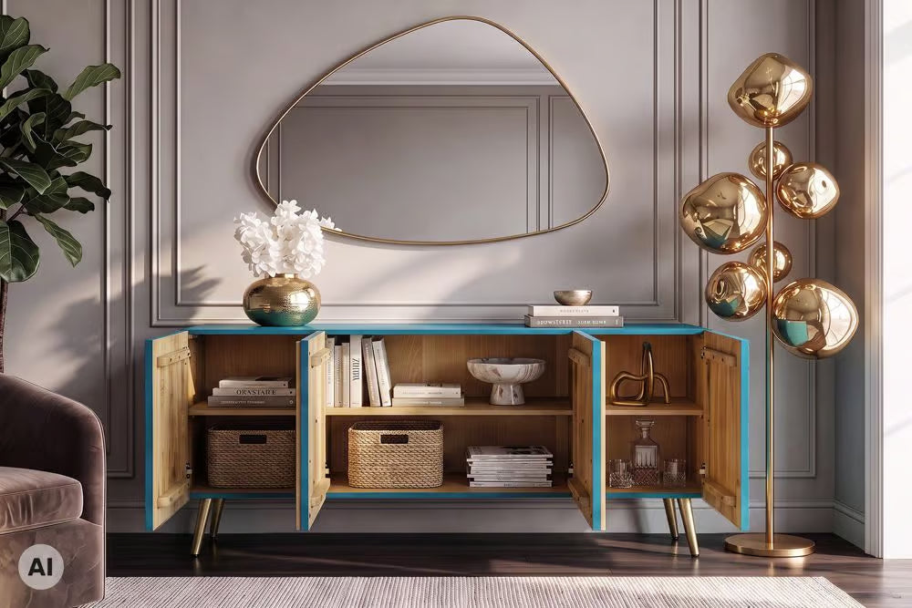 Massives Sideboard AURUM 180cm Mangoholz mit ikonischem Gold-Element