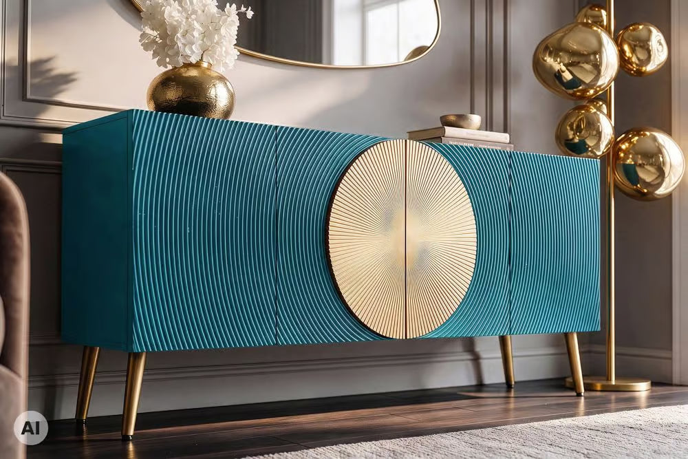 Massives Sideboard AURUM 180cm Mangoholz mit ikonischem Gold-Element