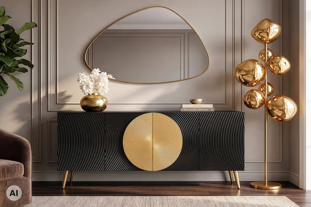 Massives Sideboard AURUM 180cm Mangoholz mit ikonischem Gold-Element