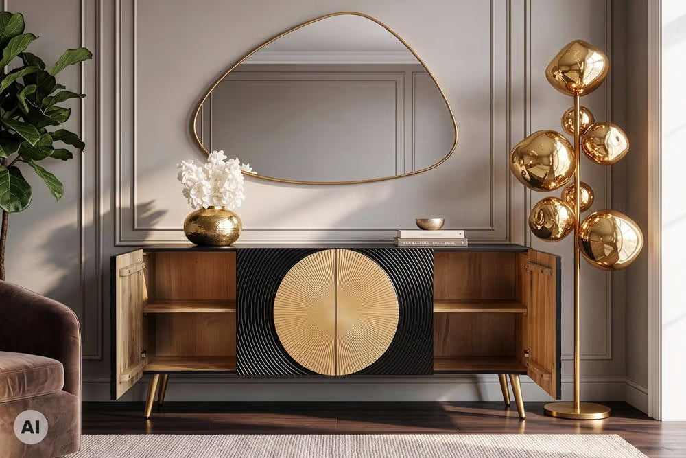 Massives Sideboard AURUM 180cm Mangoholz mit ikonischem Gold-Element