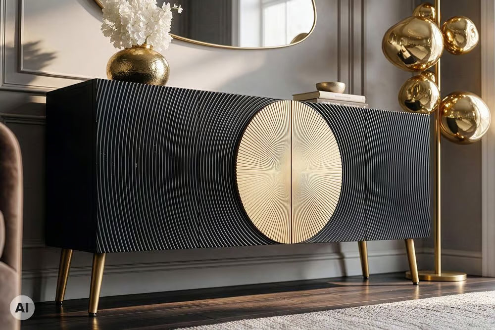 Massives Sideboard AURUM 180cm Mangoholz mit ikonischem Gold-Element