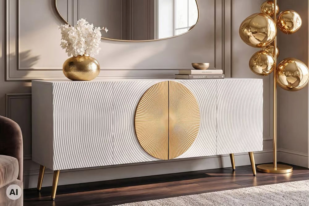 Massives Sideboard AURUM 180cm Mangoholz mit ikonischem Gold-Element