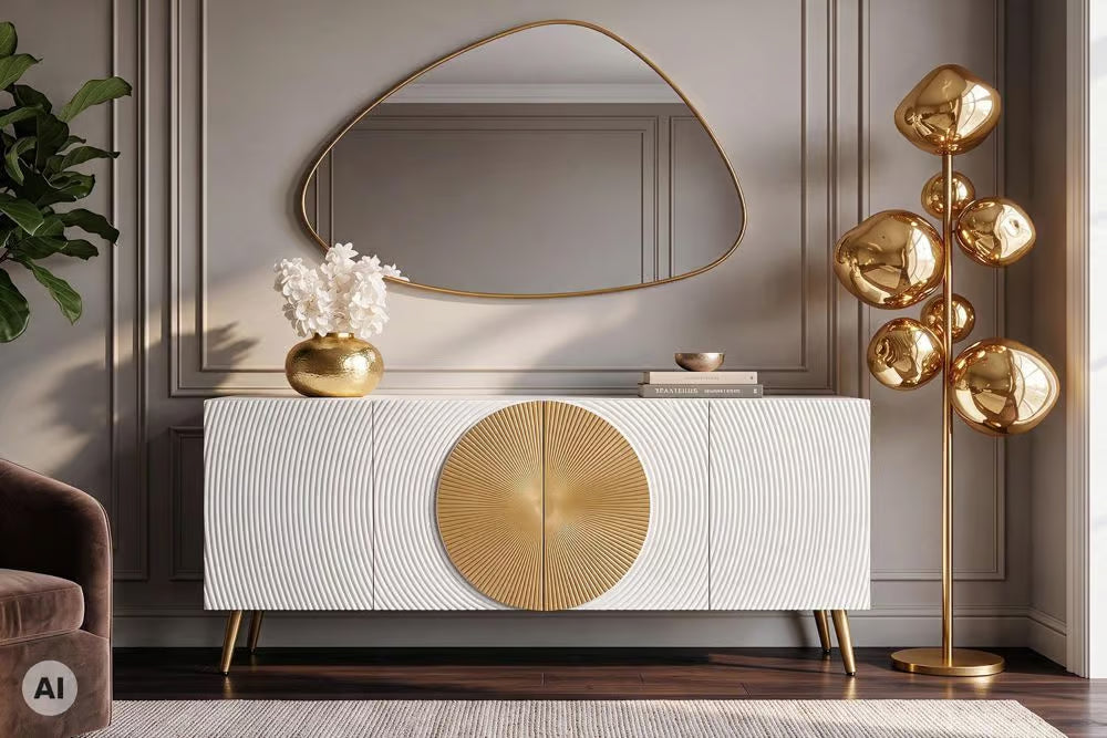 Massives Sideboard AURUM 180cm Mangoholz mit ikonischem Gold-Element
