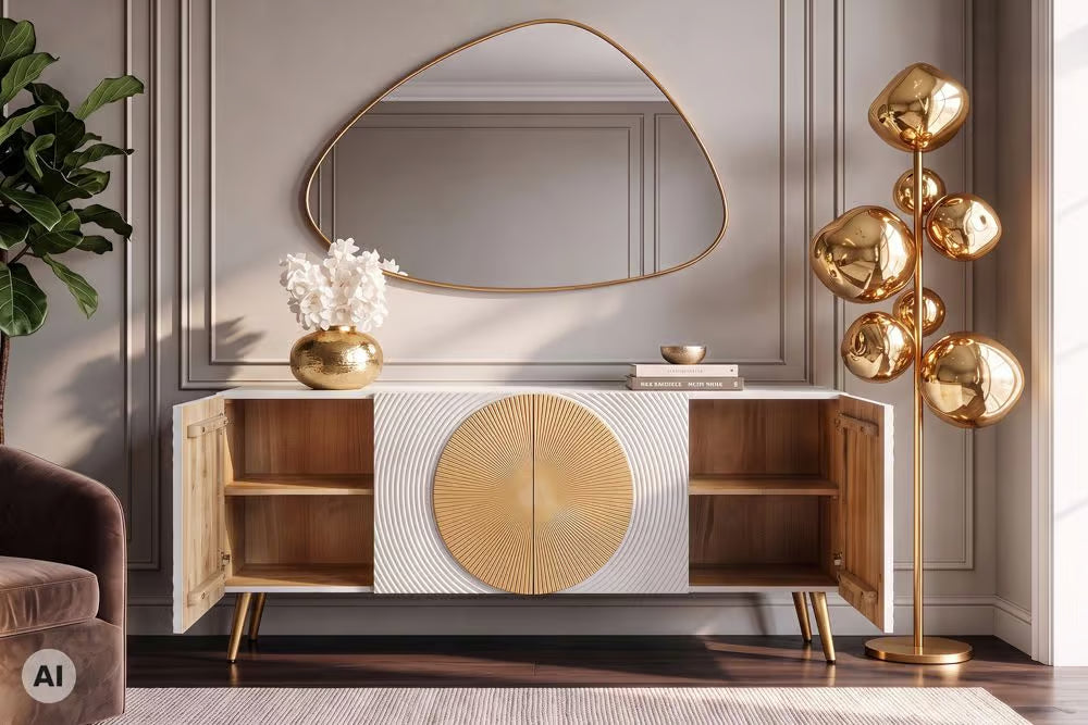 Massives Sideboard AURUM 180cm Mangoholz mit ikonischem Gold-Element