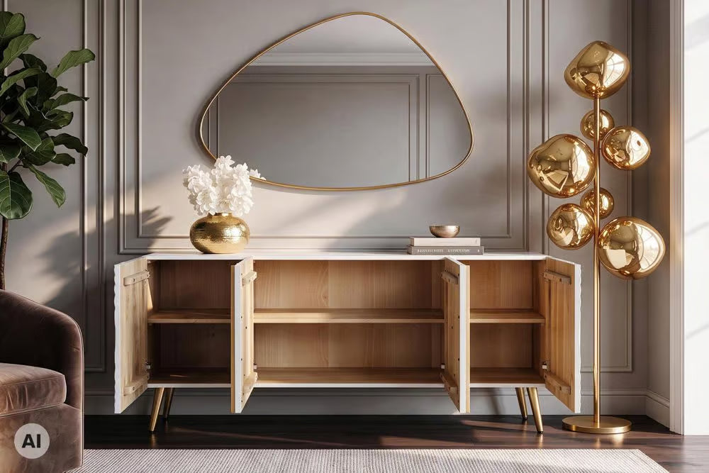 Massives Sideboard AURUM 180cm Mangoholz mit ikonischem Gold-Element