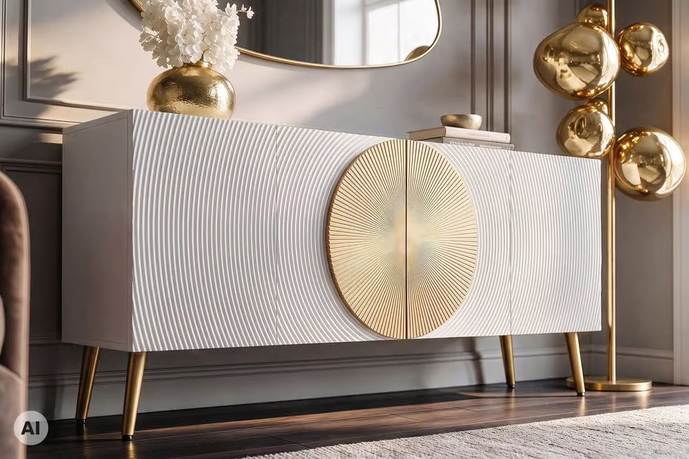 Massives Sideboard AURUM 180cm Mangoholz mit ikonischem Gold-Element