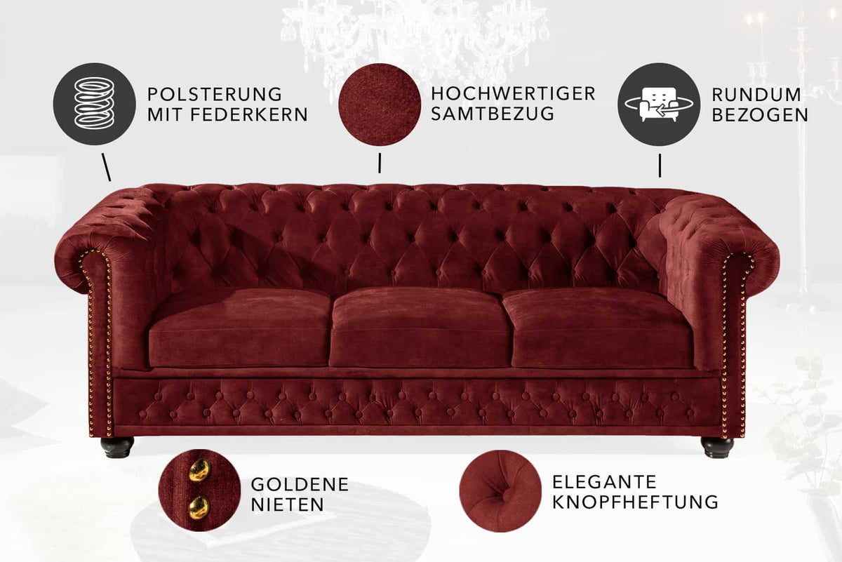 CHESTERFIELD Barock Sofa  205cm Samt Federkern Knopfheftung 3-Sitzer Couch