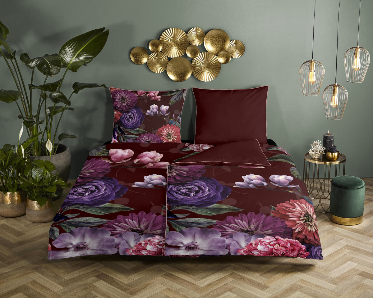 Descanso Satin Duvet Cover "Bloomie" - Bordeaux - Rits