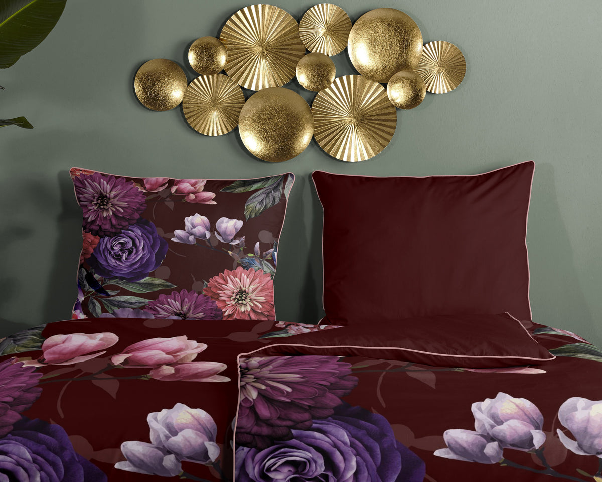 Descanso Satin Duvet Cover "Bloomie" - Bordeaux - Rits