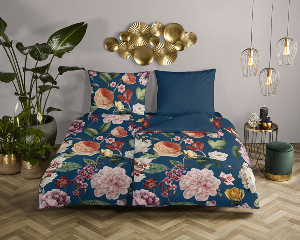 Descanso Satin Duvet Cover "Fiori" - Blau - Rits