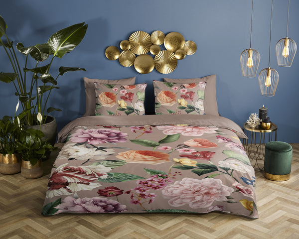 Descanso Satin Duvet Cover "Fiori" - Taupe - Dubbele instopflap