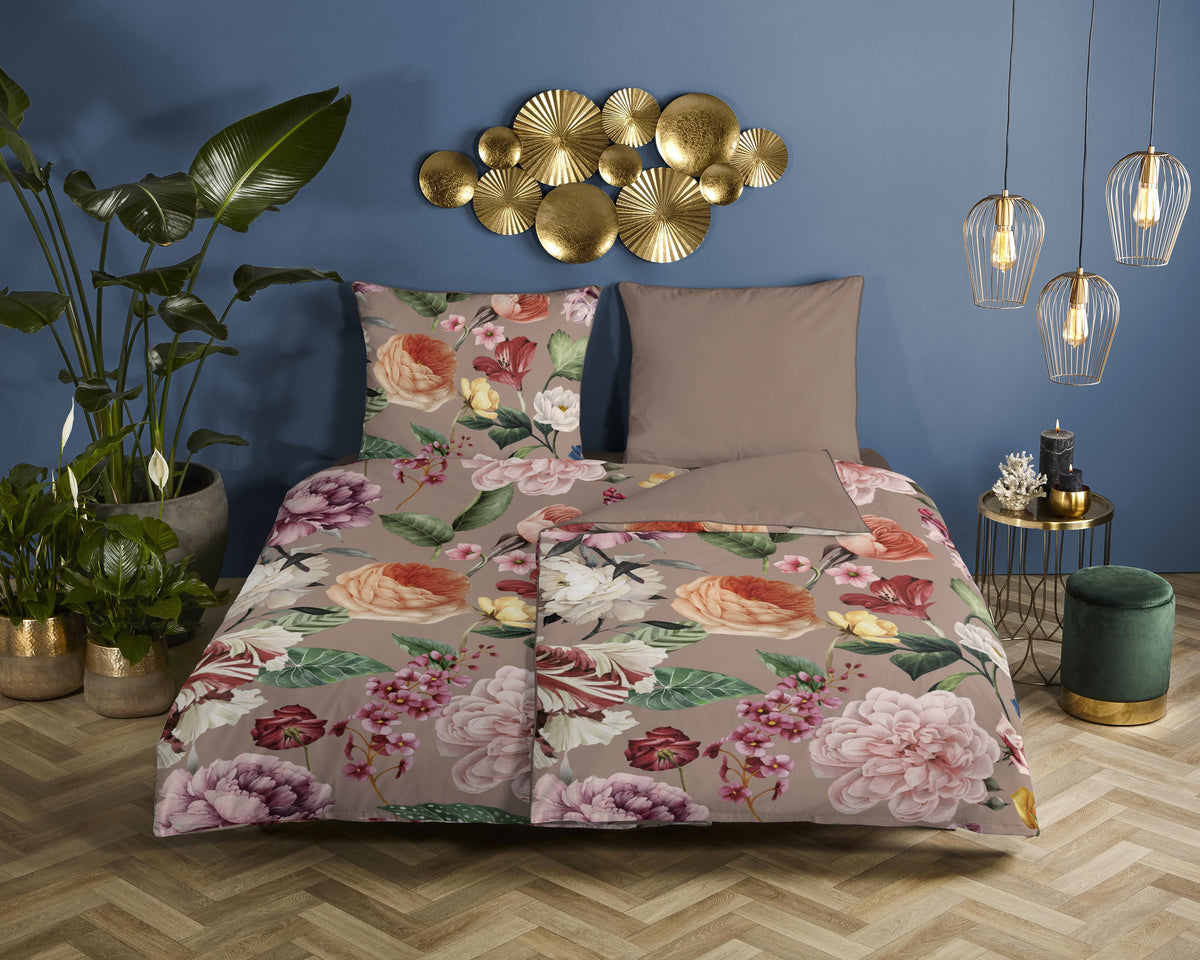 Descanso Satin Duvet Cover "Fiori" - Taupe - Rits