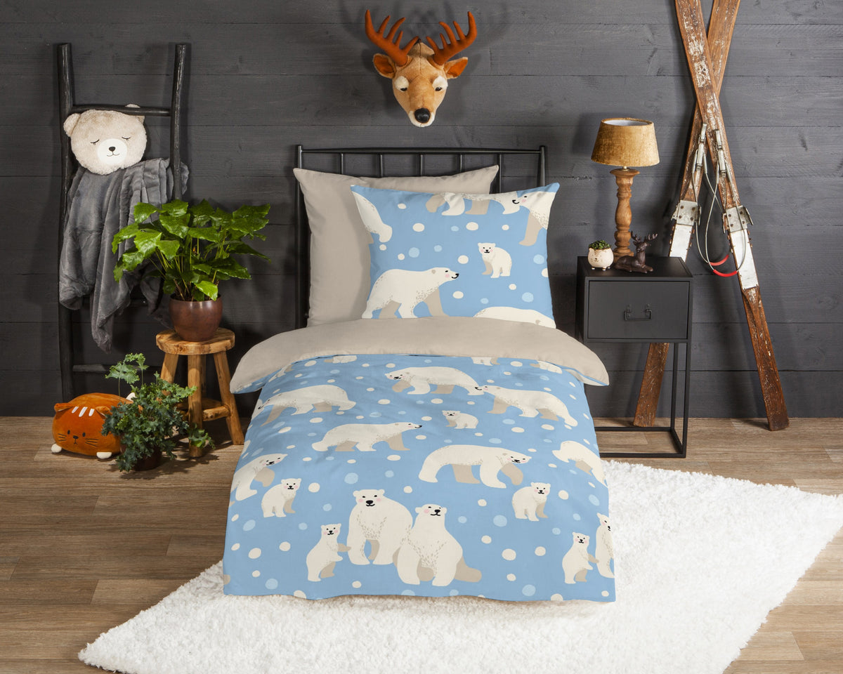 Guten Morgen Flanellen Children's Cupbed Cover "Polar Bear" - Blau - Rits