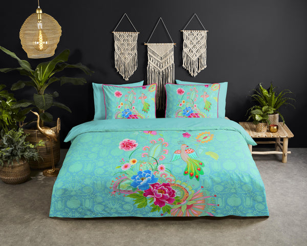 Glück Percal Duvet Cover "Pajarito" - Aqua - Dubbele instopflap